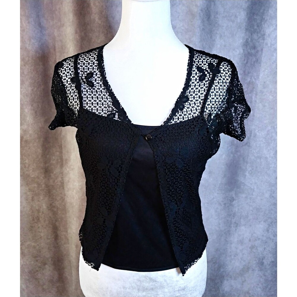 Aqua Blues Black Crochet Lace Shrug Cardigan & Inner Tank Top 2-Piece Set Size M